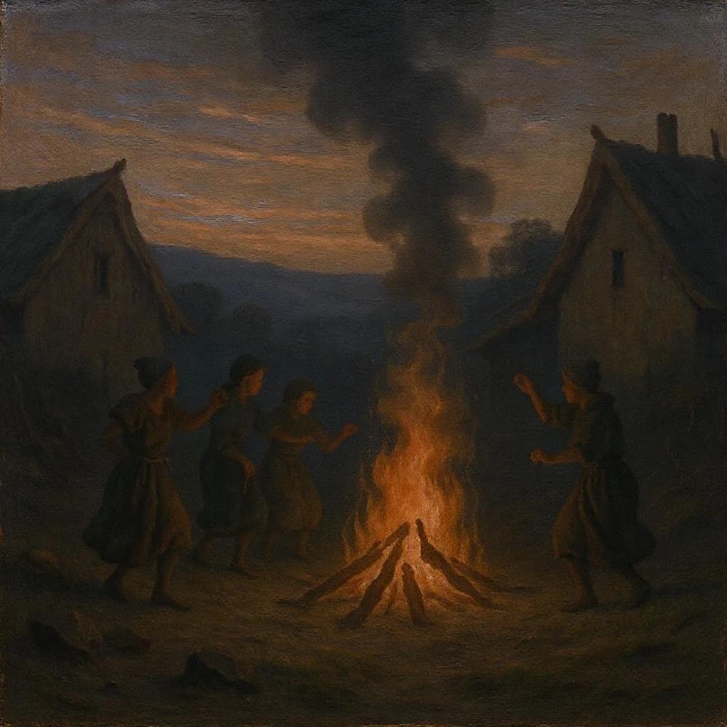 Make an oil painting of villagers dancing by a bonfire at dusk, a bit smoky.