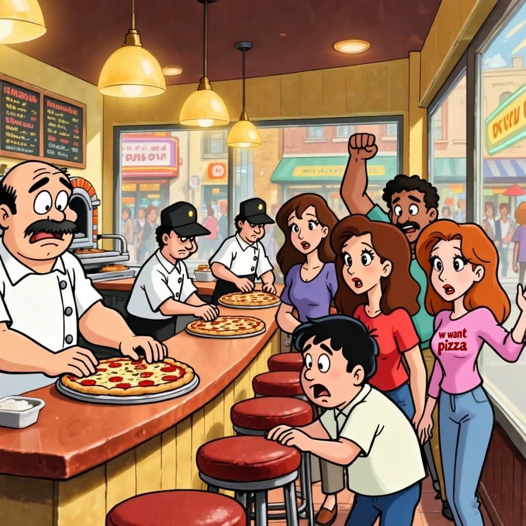Pasquale is pulling his few remaining hairs out over a disaster at the pizzeria - the cooks are working as fast as they can but the crowds outside are swelling and they demand hot hot pizza! They are banging on the glass and some are wearing "we want pizza" shirts. 1980s western TV animation style.
