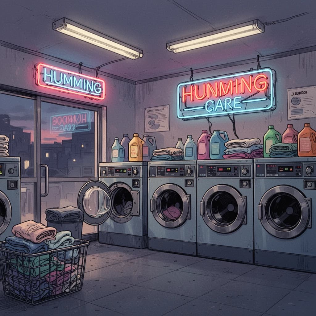 A cozy laundromat at dusk, neon humming, flat colors, bold inked lines.