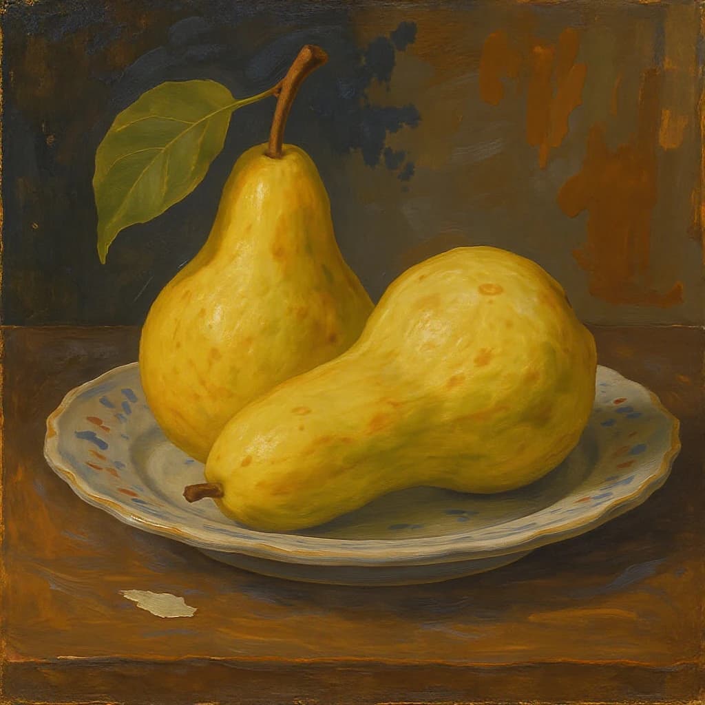 A gouache still life of pears on a chipped plate.