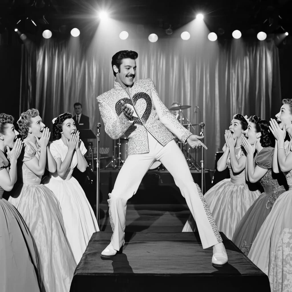 An archival image from 1953 of the rock singer swinging his hips on the stage while glamorous back up singers feign shock at his gyrations! He wears a diamond encrusted jacket with the stones arranged in the shape of a heart