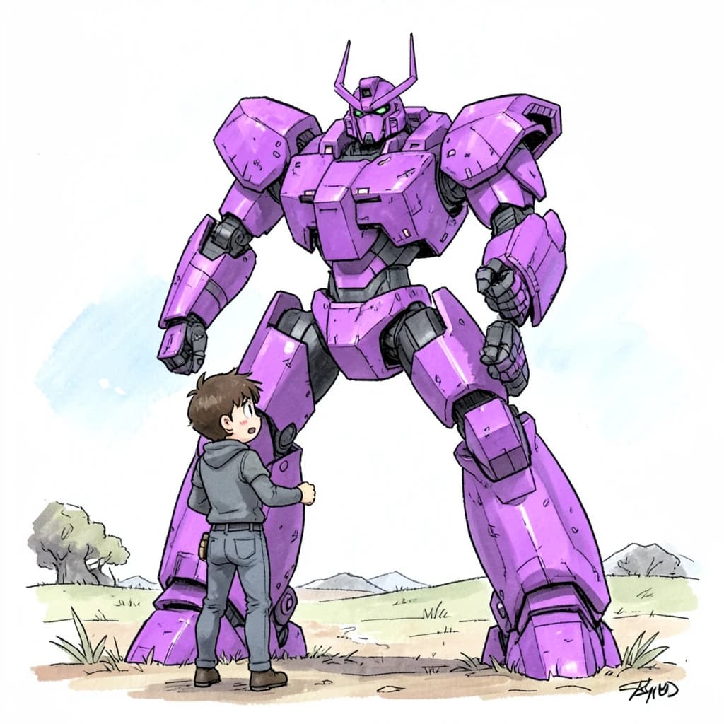 Clad in his body suit up to the neck, young Masa nervously approaches the towering mech with his back facing us. He is nervous for his first time in the field. The mech's bright purple colour scheme contrasts with the grey body suit. The scale of the mech dwarfs Masa. Hand drawn style