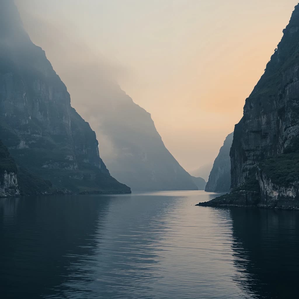 Frame a foggy fjord at sunrise, cliffs looming.