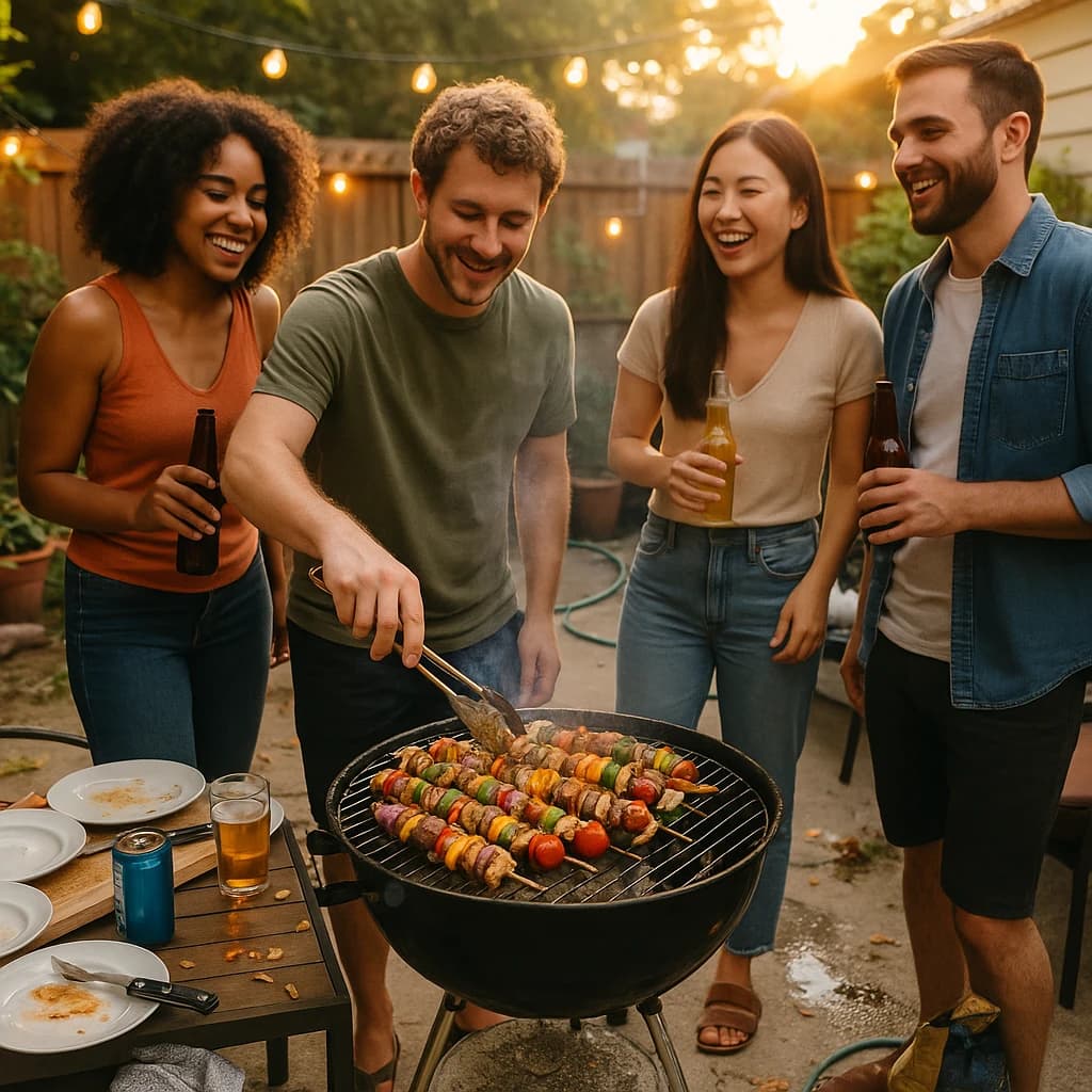 Friends grill skewers on a slightly messy patio.