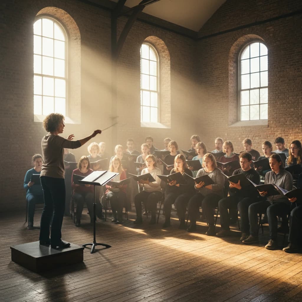 A choir rehearses in a brick hall as somewhat dramatic morning light falls through high windows, with a patient conductor mid-gesture, open scores, intent faces, slight motion blur.