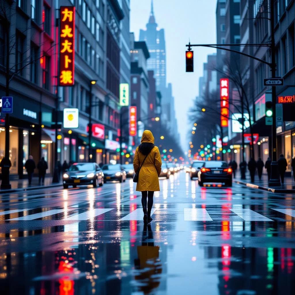 A sunlit city street after rain; puddles mirror neon signs as a woman in a yellow raincoat waits at a crosswalk, soft mist, 50mm look, natural tones, a bit of film grain.