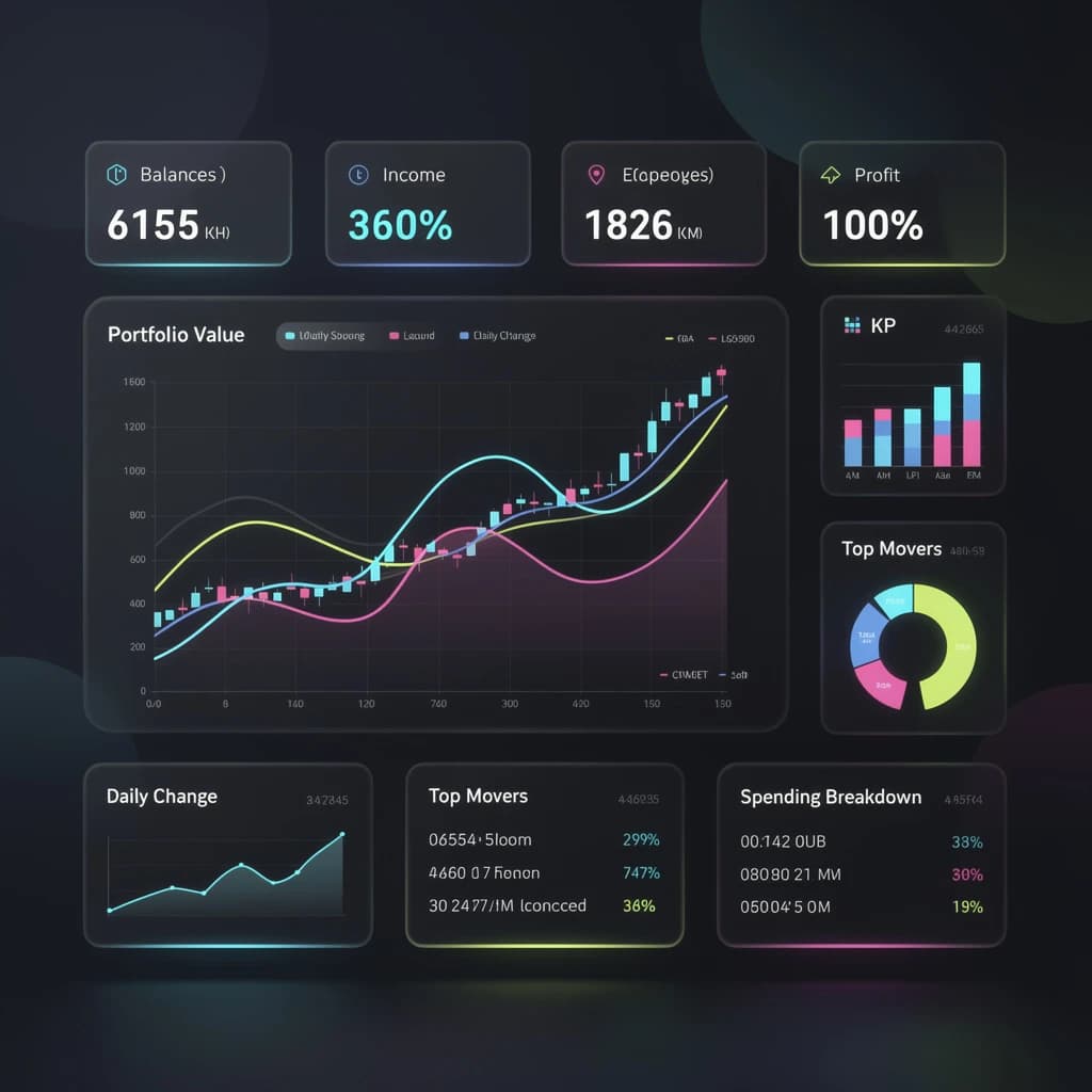 Make a dark mode finance dashboard with charts, glassmorphism, soft neon glow.