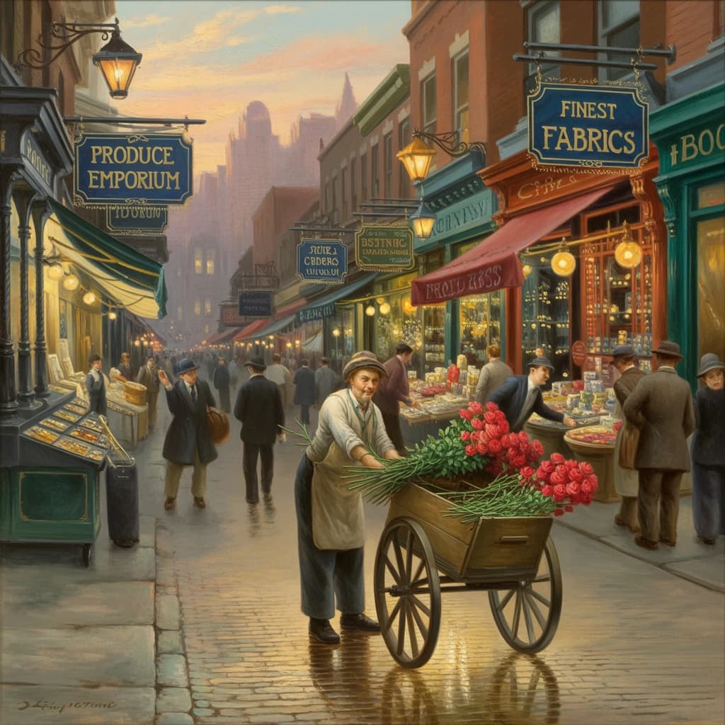 I want an oil painting of a busy market street with gaudy shop signs at dusk.