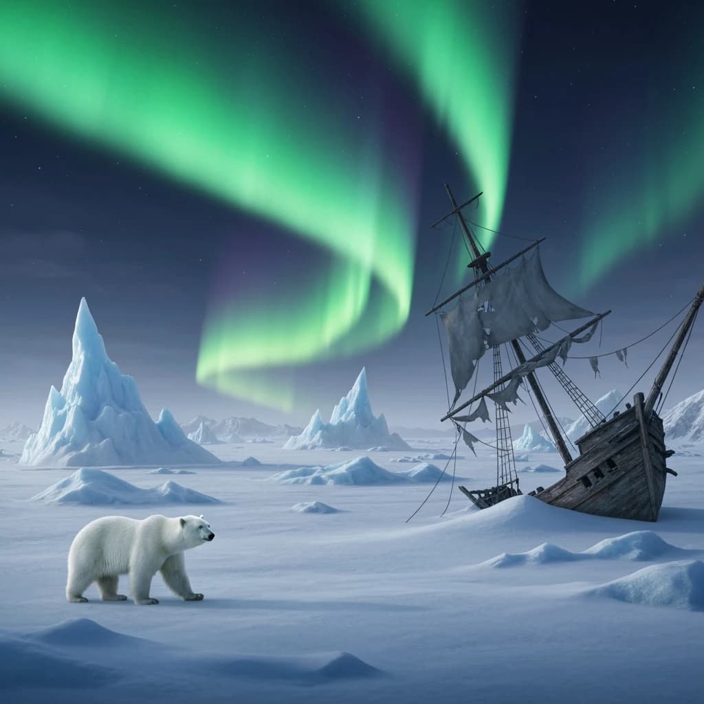 An endless tundra stretches outward, littered with jagged icebergs shaped like cathedral spires. A polar bear trudges across the foreground but leaves no tracks. Auroras ripple overhead. A half-buried shipwreck juts from the snow — sails billowing despite the still air.
