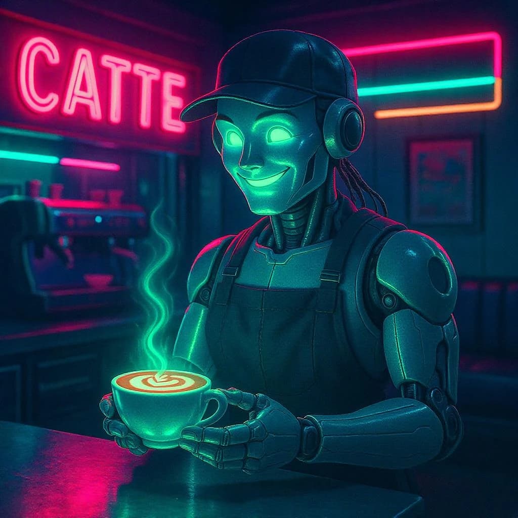 A smiling robot barista serves glowing lattes in a neon diner with bold lines.