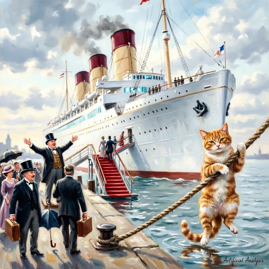 An impressionistic painting of the mighty steamer the "SS Unsinkable We Really Mean It This Time" on a cloudy but bright London morning about to set out on her maiden voyage. A jubilant crowd is gathered on the dock around the paunchy mayor who is making a speech, gesticulating wildly with his hands. The gangways are busy with well heeled ladies and gentlemen making their way onto the ship. A cheeky cat hangs over the water, clinging to the mooring rope after an ill-fated attempt to climb up. The artist has signed his name "Artificial Analysis" in the bottom corner