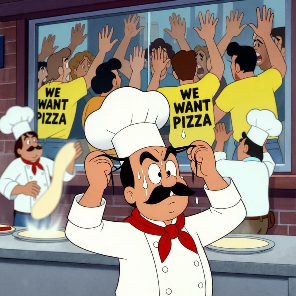 Pasquale is pulling his few remaining hairs out over a disaster at the pizzeria - the cooks are working as fast as they can but the crowds outside are swelling and they demand hot hot pizza! They are banging on the glass and some are wearing "we want pizza" shirts. 1980s western TV animation style.