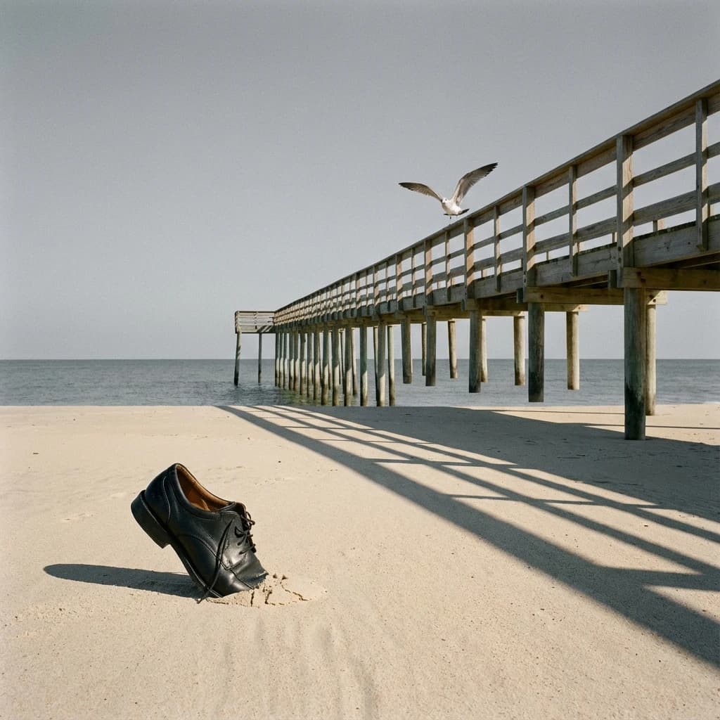The beach is flat, sand beige, granular, no shells, except for a single left shoe, black leather, size eleven, half buried at an angle. The pier extends straight into the water, wood untreated, grain visible, though the support posts vanish before they touch the surface. The sky is uniformly gray, no clouds, yet shadows stretch at sharp diagonals. A single gull sits on the railing, wings outstretched, frozen mid-flap, no movement.
