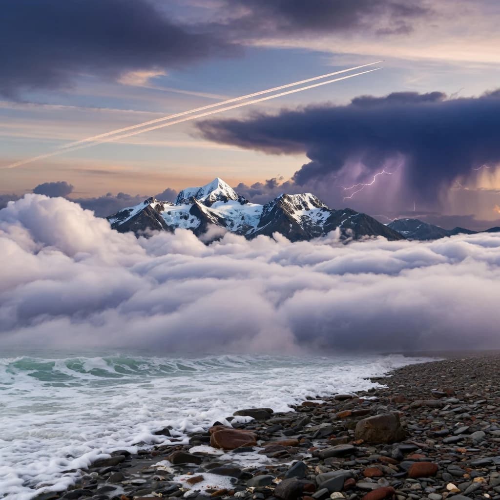 A stunning mountain vista pokes through the cloud top. Contrails from a distant airplane linger in the air. In the foreground there is a stony beach with foamy seas. A thunder storm is visibile in the distant right.