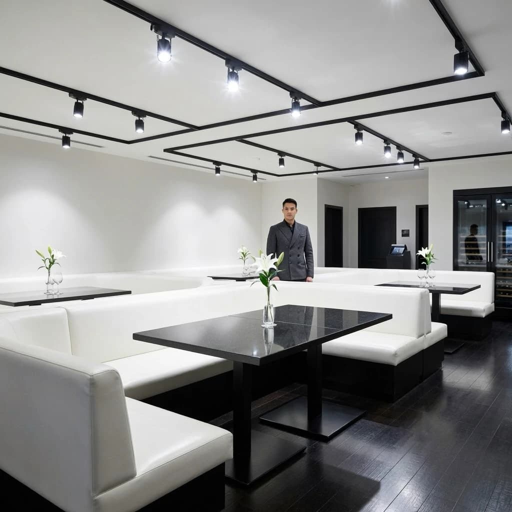 The place is almost empty. The banquettes are covered in white leather, the tables black granite, and the entire room is bathed in halogen track lighting that seems too bright. The maître d’ wears a double-breasted wool crepe jacket. There are lilies on every table.