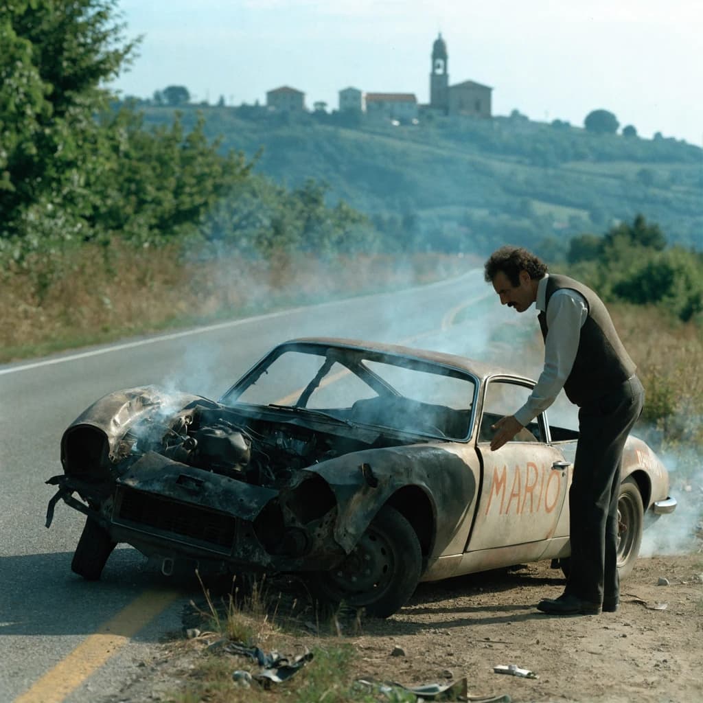 Mario examines the still smouldering wreck of the crash that took his best driver on the side of the country road. He designed this car and caused this. 3 days have passed since the crash. It's 1973 in Northern Italy.