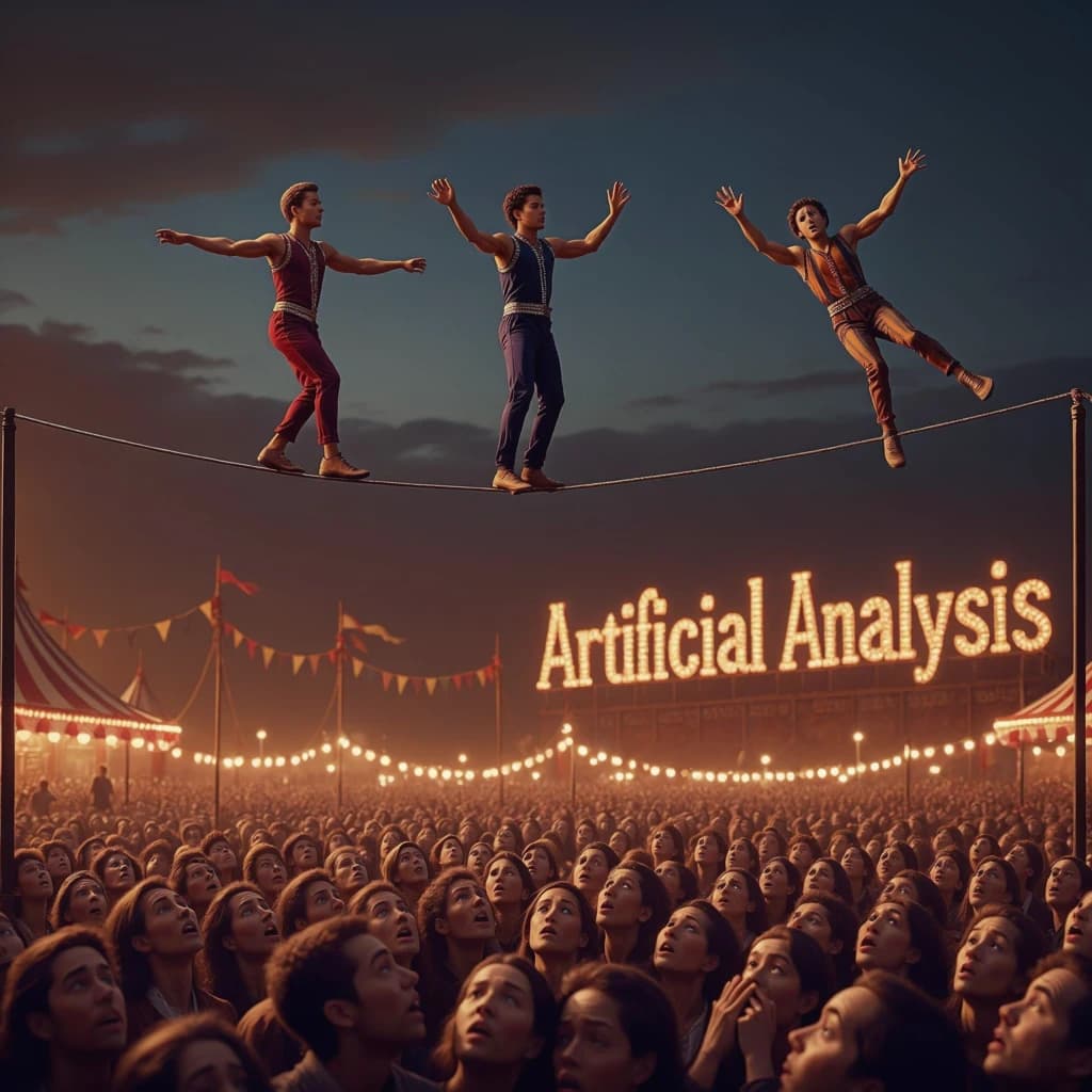 At dusk, high above a carnival crowd, three tightrope walkers balance on a single rope with no aids, one is off balance and grabbing at air. Below, the audience looks upward with baited anticipation. Artificial Analysis is spelled out in the background in carnival lights