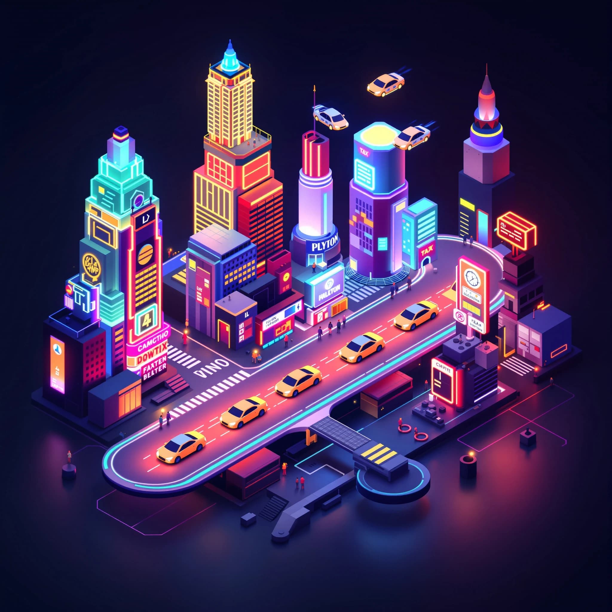 Design an isometric neon city with hovering taxis, clean lines, soft glow.