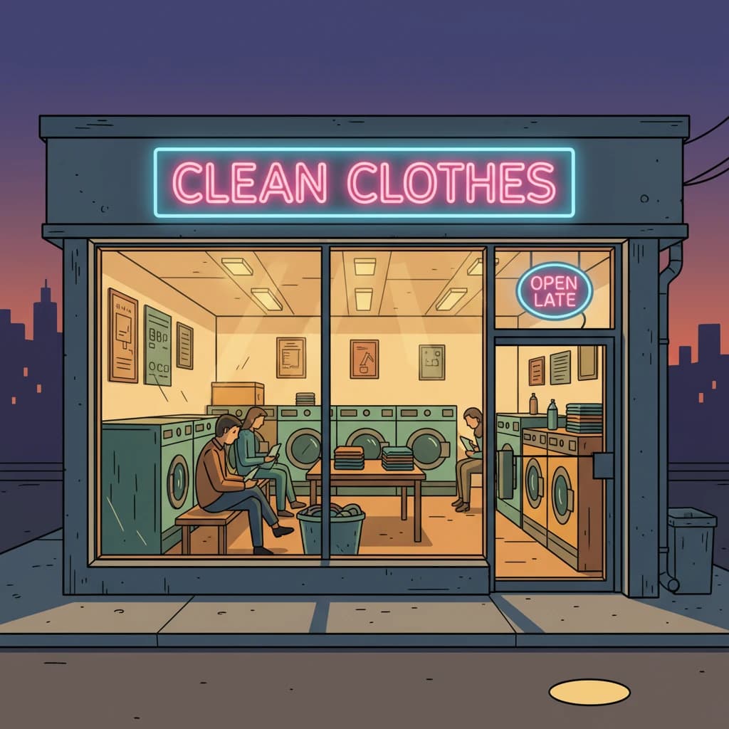A cozy laundromat at dusk, neon humming, flat colors, bold inked lines.