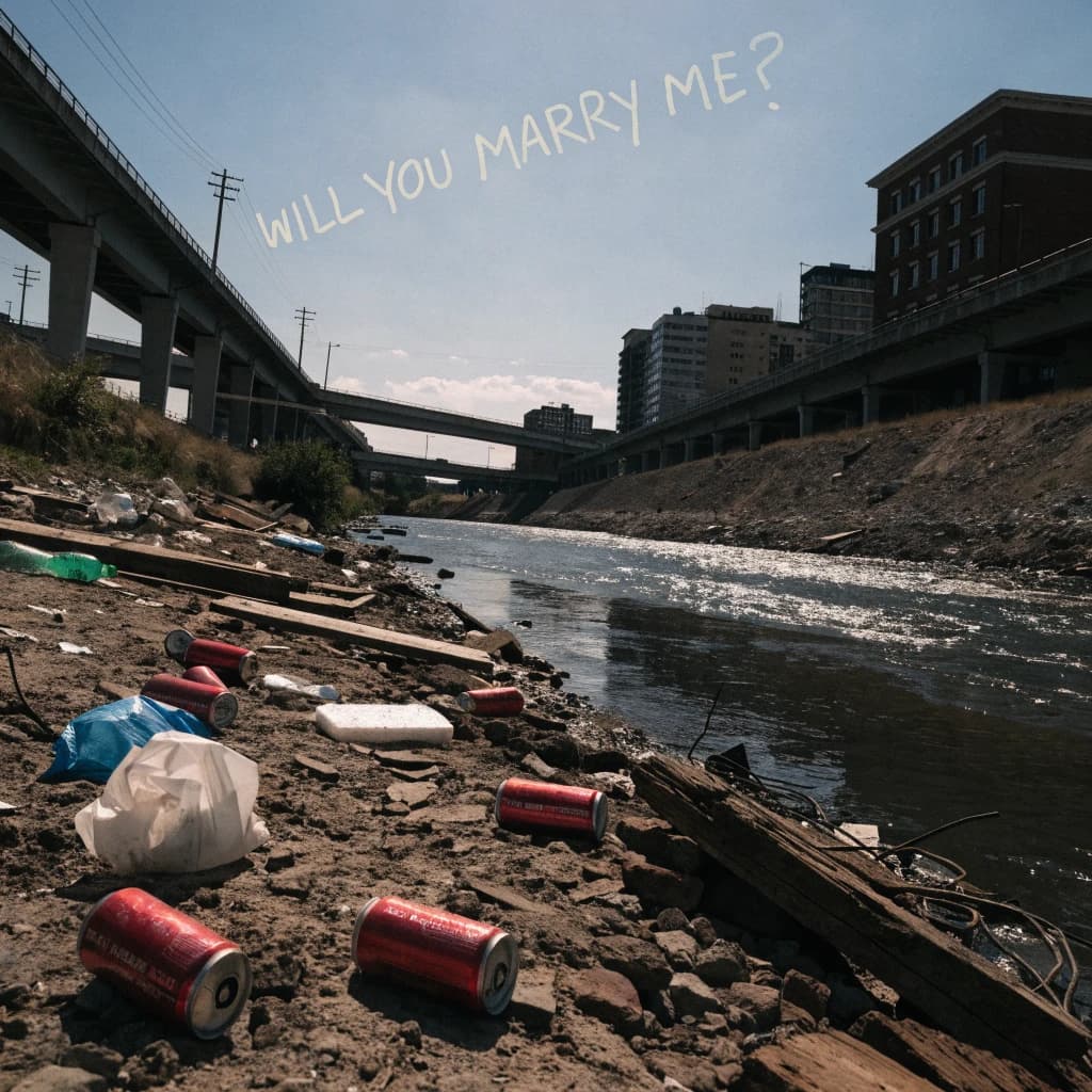 Red soda cans and other garbage sit strewn across the bank of an urban river only a few metres wide. Concrete overpasses criss cross overhead on a bright and sunny day. Fading skywriting proposes marriage