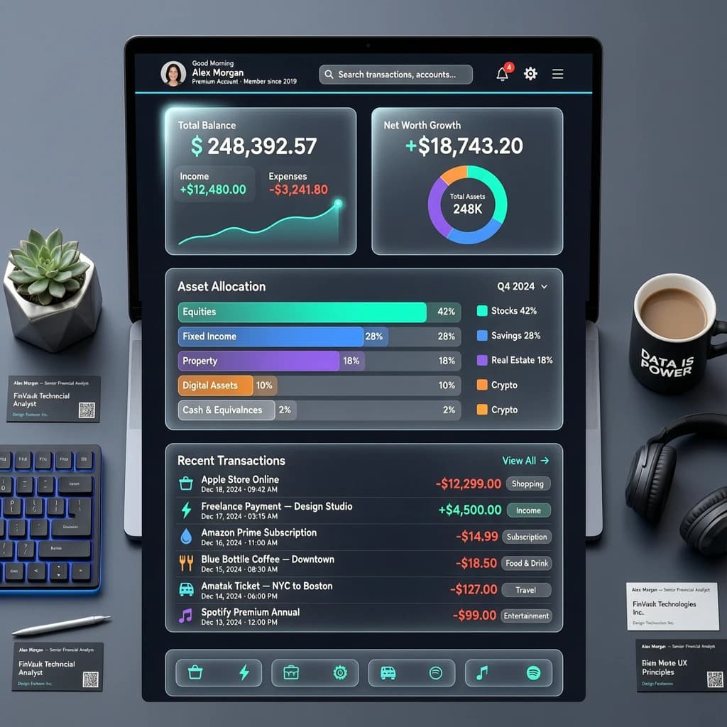 Dark mode banking dashboard with glassmorphism.
