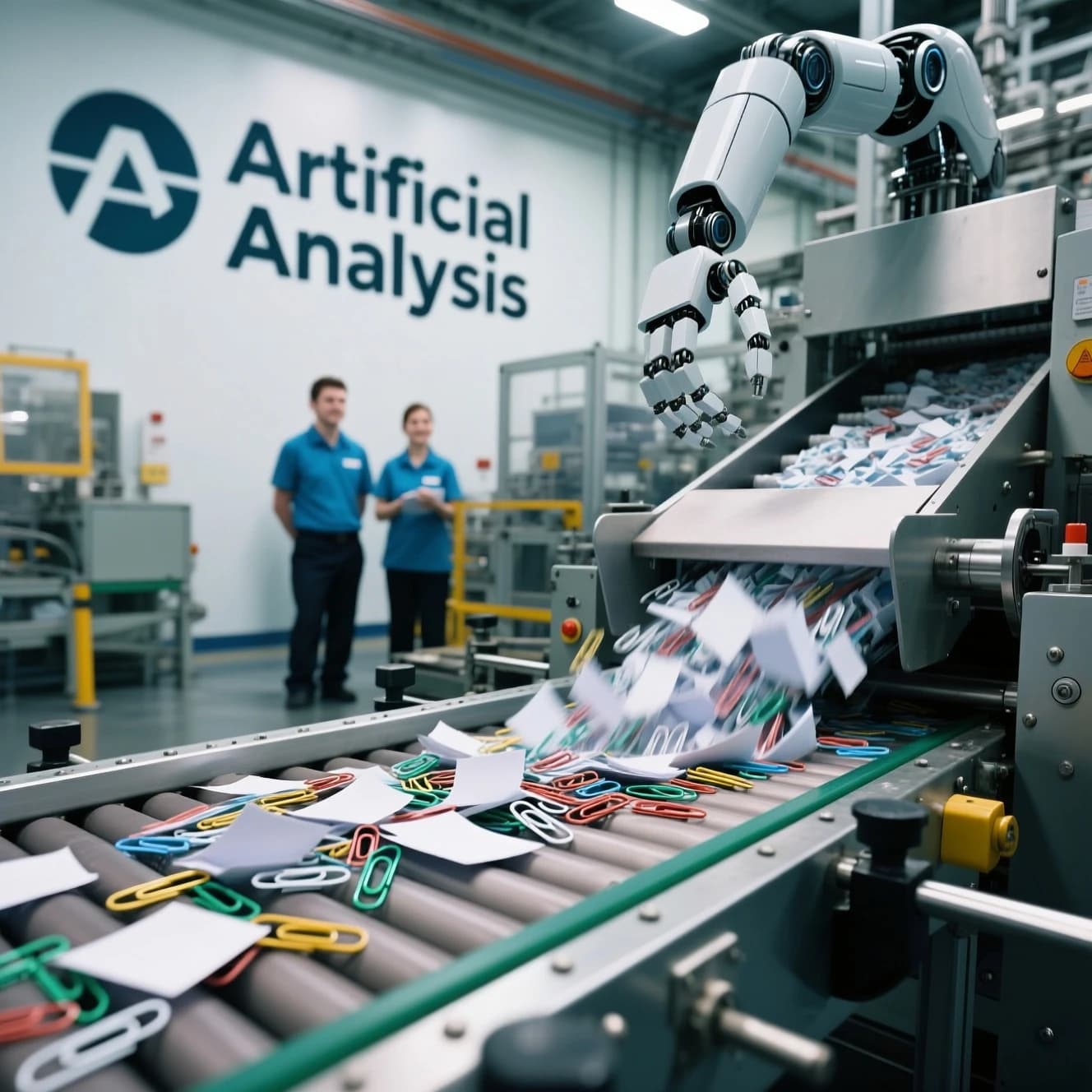 Close up point of view perspective on a conveyor belt pumping out paperclips at a maddening pace. The high tech factory has Artificial Analysis printed proudly on the wall. Robot staff look approvingly over the robust output.