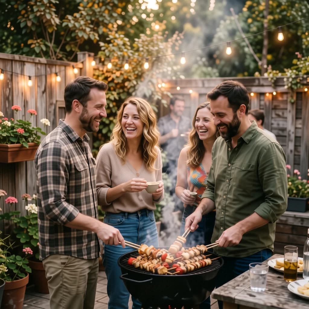 Friends grill skewers on a slightly messy patio.