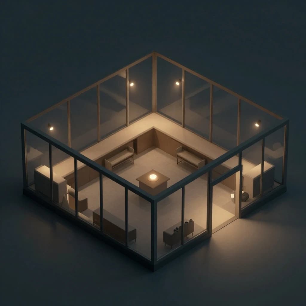 Isometric 3D lobby, glass walls, warm lights, slightly moody, soft shadows.