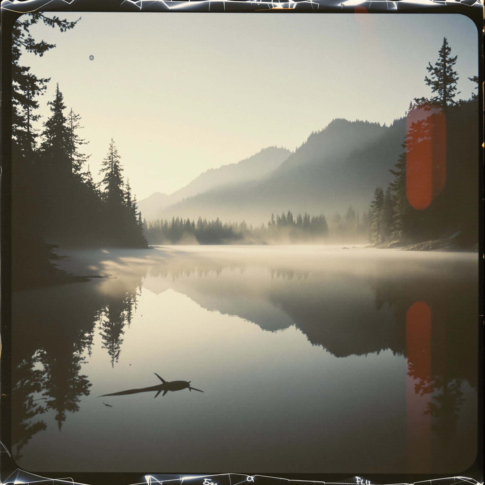 Give me a faded postcard of a misty pine lake at dawn, light leaks, film grain.