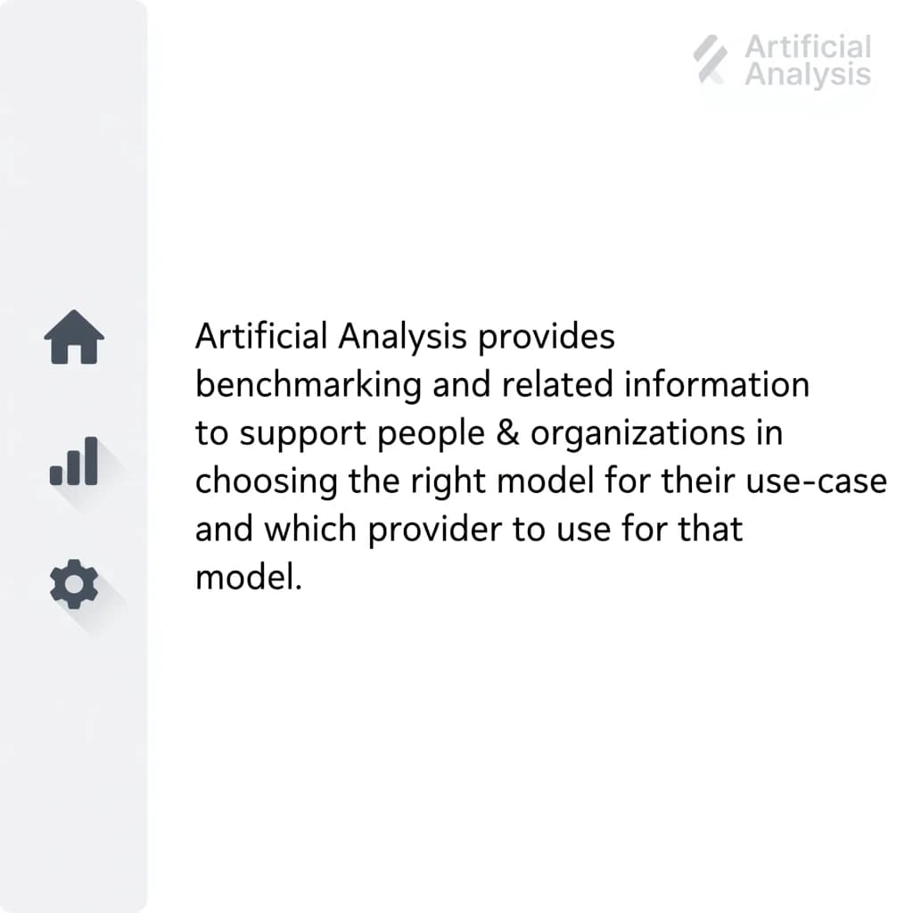 On a high-resolution dashboard mockup with a clean white background, display a centered text module in Helvetica Neue Regular, 18pt, black: “Artificial Analysis provides benchmarking and related information to support people & organizations in choosing the right model for their use-case and which provider to use for that model.” The text box is justified, but the final word wraps awkwardly onto its own line. To the left, a vertical navigation bar in light gray with three icons - home, chart, and settings - aligned evenly but casting misaligned shadows. In the upper right, the Artificial Analysis logo appears faintly, semi-transparent, watermarked over the corner of the interface.