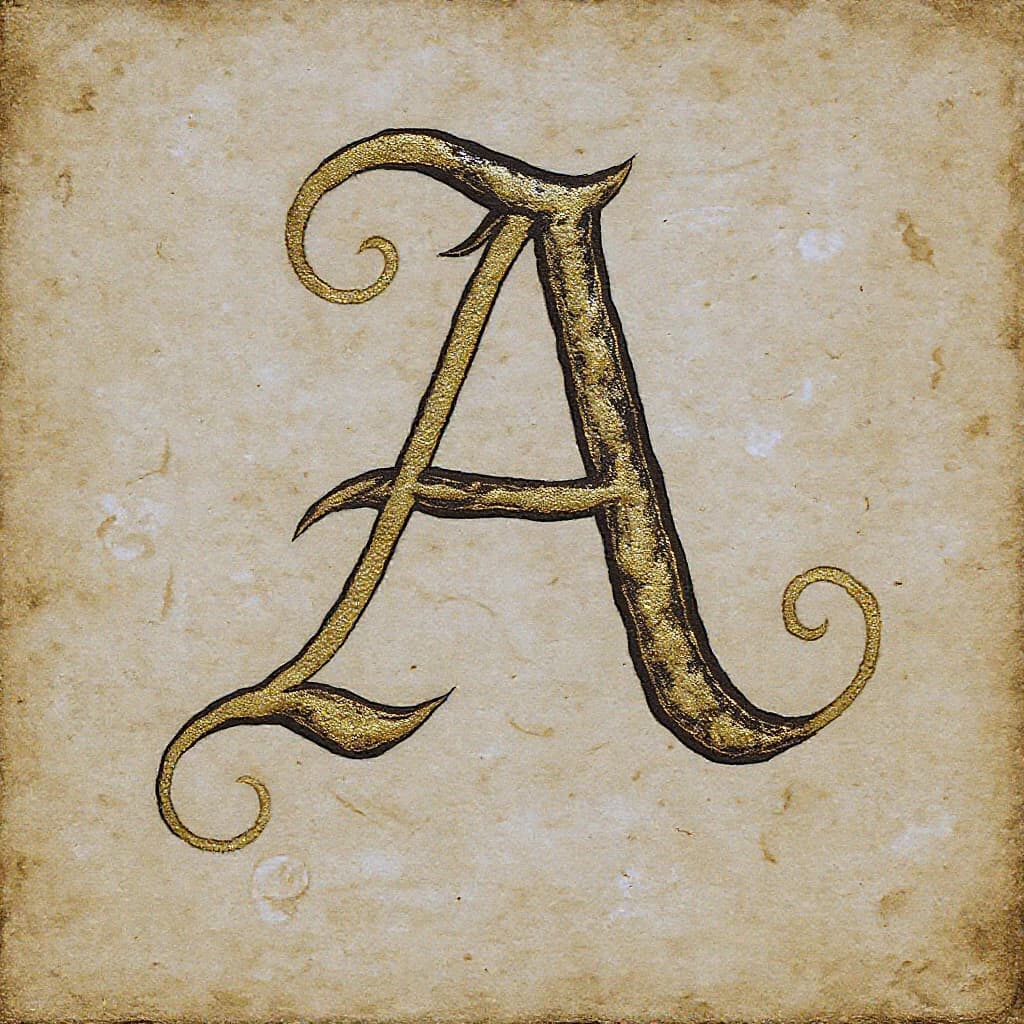 Illuminated letter A on vellum, gold leaf, a bit uneven flourishes.