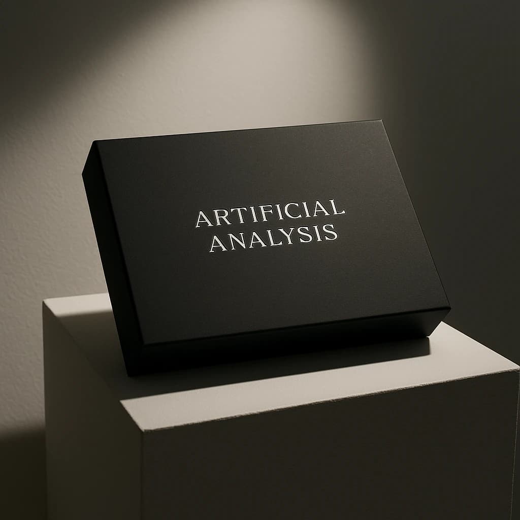 A premium matte black laptop-sized box rests on a pure white pedestal within a gallery space. Overhead, a single spotlight carves sharp contrast, leaving the edges in deep shadow. The brand name Artificial Analysis is embossed in silver foil, glinting faintly as though it were jewelry.