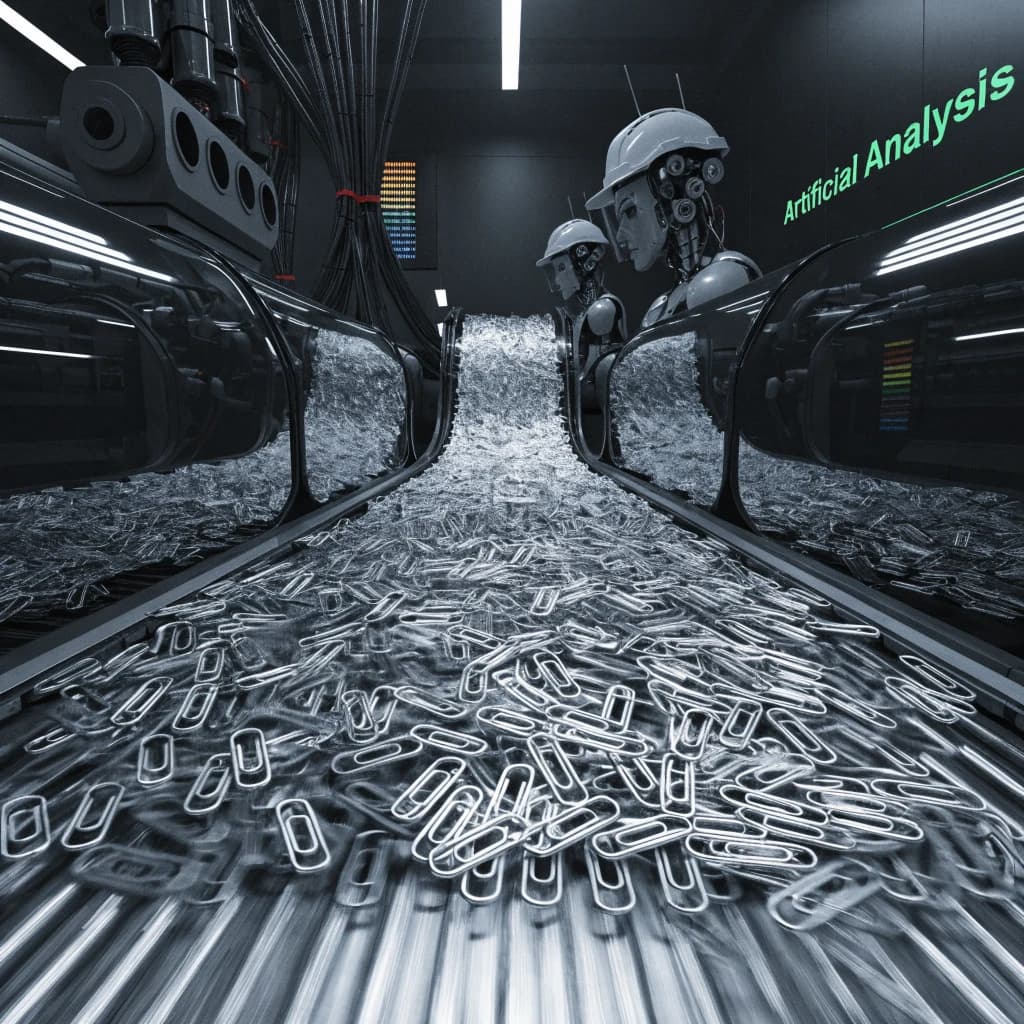 Close up point of view perspective on a conveyor belt pumping out paperclips at a maddening pace. The high tech factory has Artificial Analysis printed proudly on the wall. Robot staff look approvingly over the robust output.