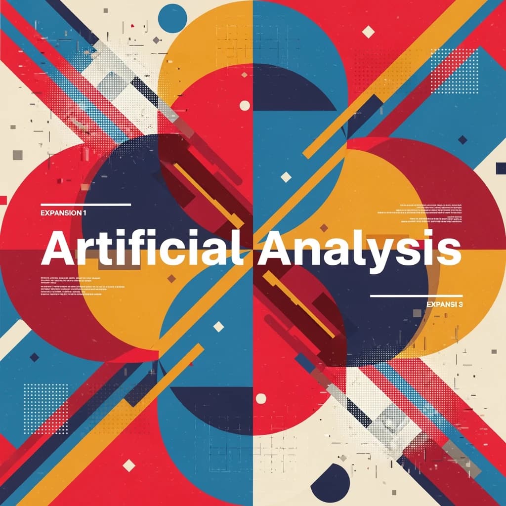 A bold poster composition dominated by flat geometric shapes in crimson, cobalt, and ochre. Overlapping circles and sharp diagonal lines create dynamic tension across the frame. A single sans-serif word — Artificial Analysis — stretches across the center in stark white, distorted slightly as though caught mid-glitch. The background is textured with halftone dots and faint grid lines, while subtle overlays of translucent rectangles suggest depth. Designed in the spirit of modernist Swiss typography fused with digital glitch aesthetics.