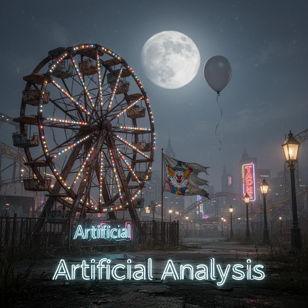 A deserted amusement park glows faintly under a half-moon. The ferris wheel is rusting yet strung with fresh, blinking LED lights. A torn clown banner flaps in a windless air. A lone balloon floats upward, tethered to nothing, while in the far distance city lights flicker on - some neon, some gas lamps as though from another century. 'Artificial Analysis' glows in neon