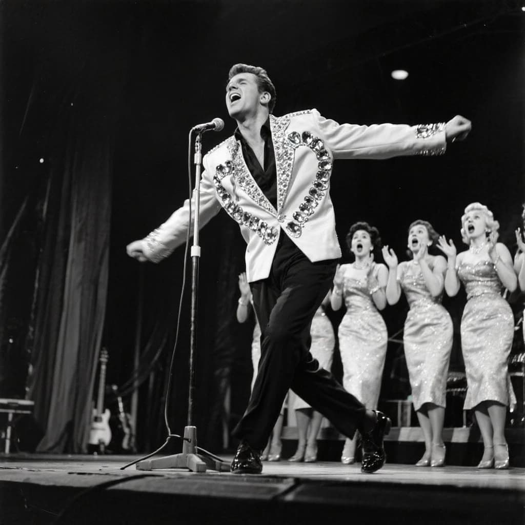 An archival image from 1953 of the rock singer swinging his hips on the stage while glamorous back up singers feign shock at his gyrations! He wears a diamond encrusted jacket with the stones arranged in the shape of a heart