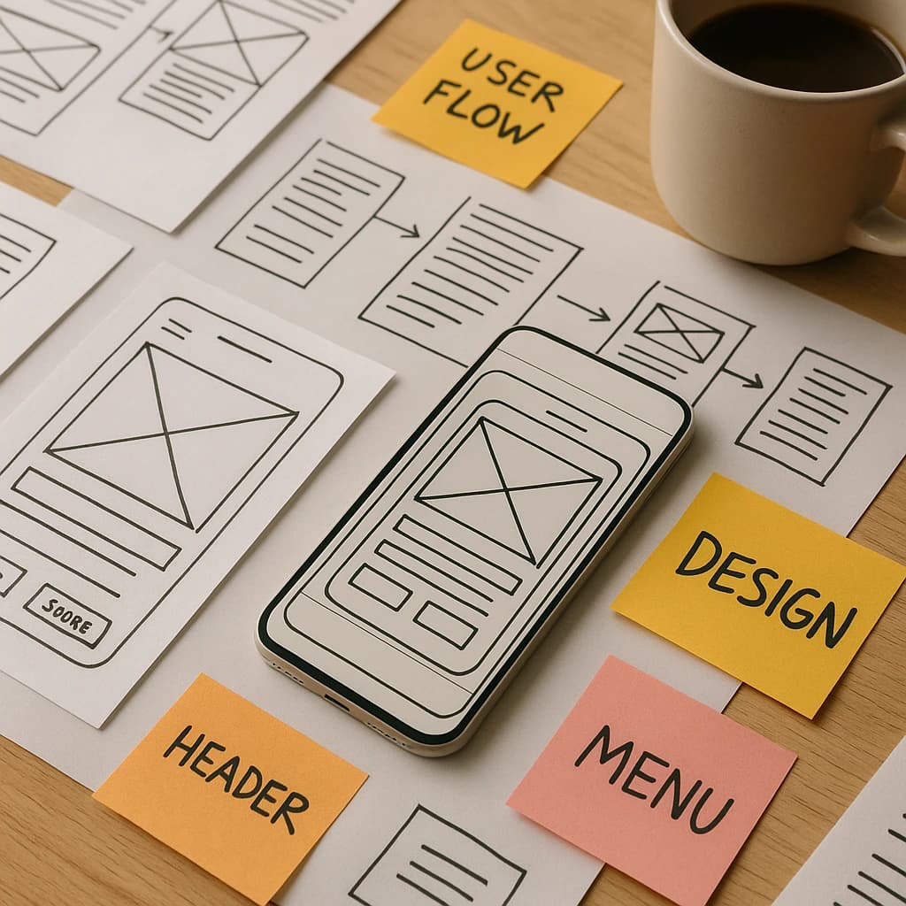 Close-up photo shows a messy desk, wireframes, sticky notes, mobile mockup, mug.