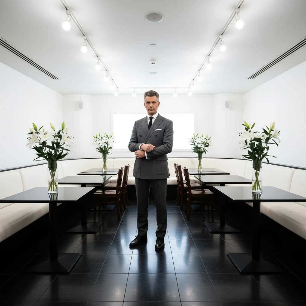 The place is almost empty. The banquettes are covered in white leather, the tables black granite, and the entire room is bathed in halogen track lighting that seems too bright. The maître d’ wears a double-breasted wool crepe jacket. There are lilies on every table.