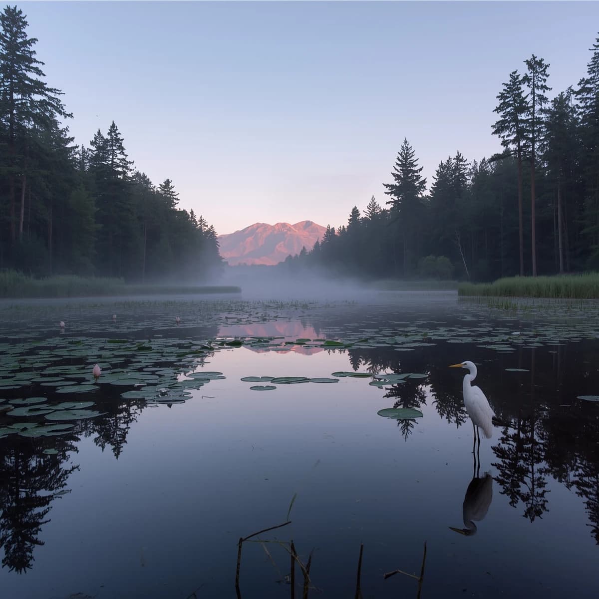 With pre-dawn mist along a cedar forest river and glassy water dotted with lily pads, distant mountains blush pink, and a heron stands still like it forgot what to do next.