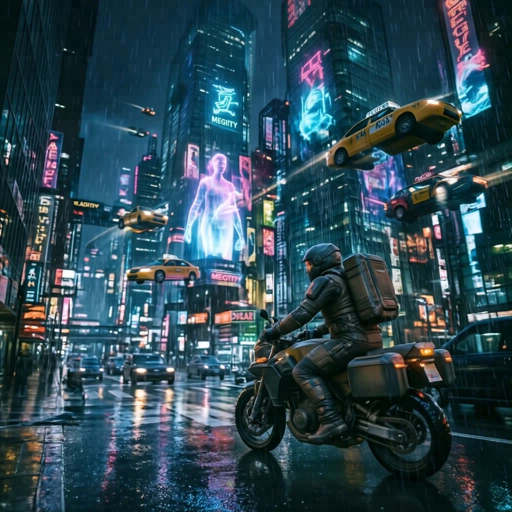 Rain-soaked neon megacity at night, flying taxis weave between glass towers, giant holograms flicker; a lone courier in a matte exosuit, somewhat cinematic wide angle.