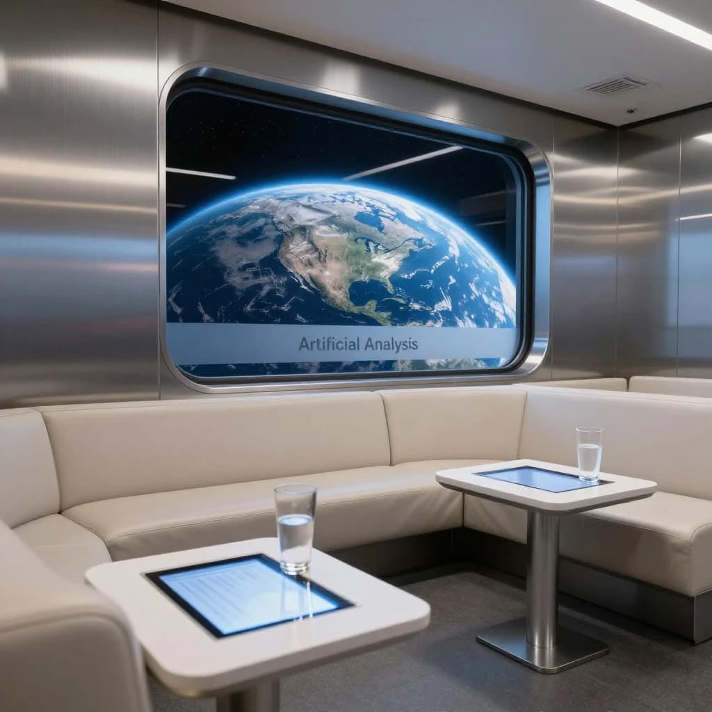 The orbital lounge has brushed aluminum walls and pale leather banquettes. Low white tables are inset with glowing touchscreens. Drinks are clear, flavorless, in tall unmarked glasses. The viewport is floor-to-ceiling, showing Earth moving slowly beneath. The word Artificial Analysis is etched discreetly on the glass in a frosted band.