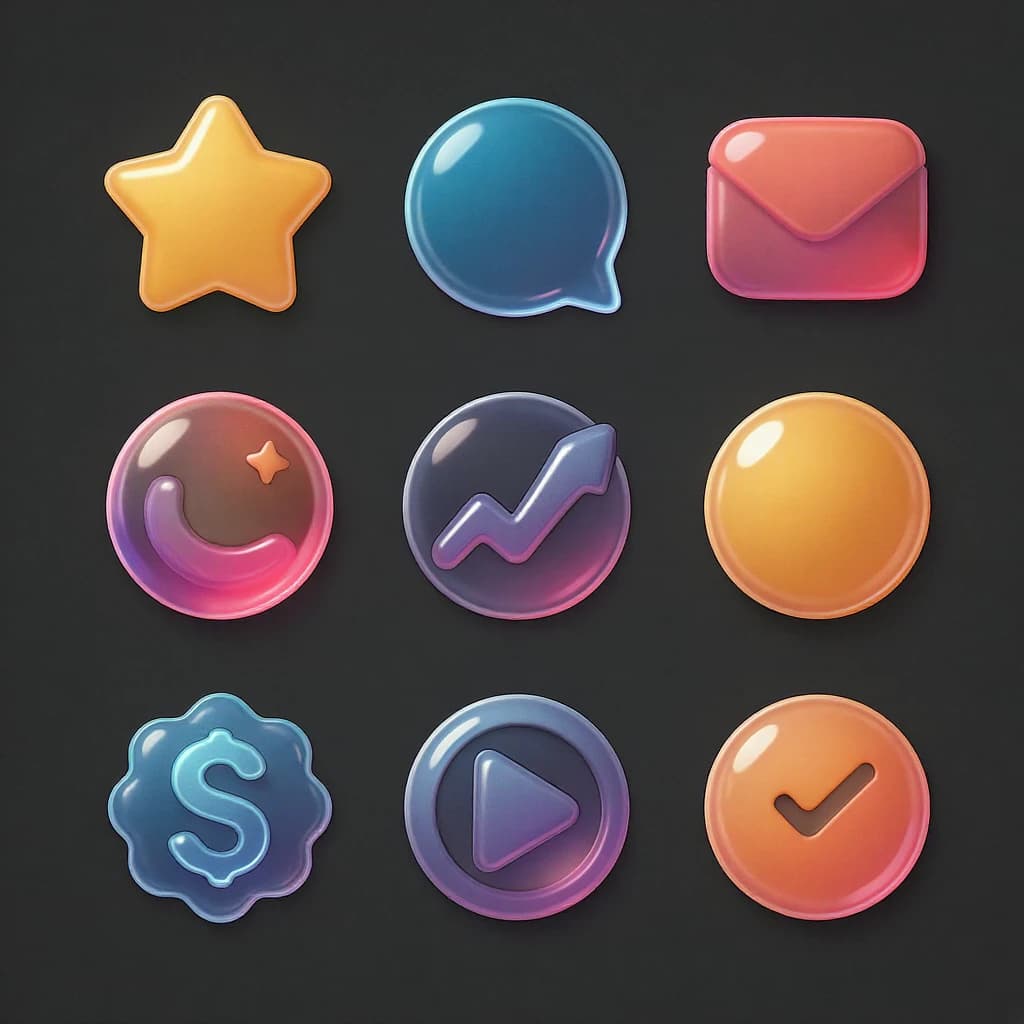 Design a glossy 3D icon set with smooth gradients.