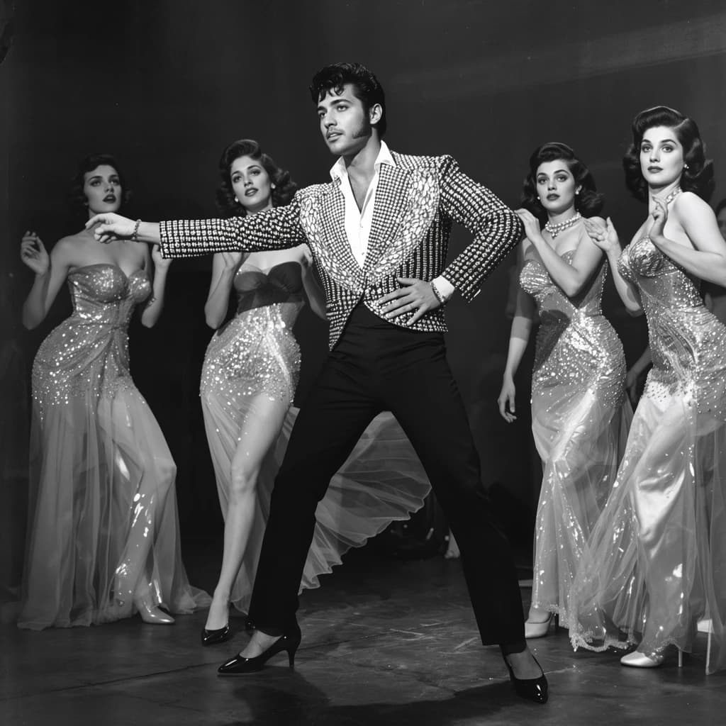 An archival image from 1953 of the rock singer swinging his hips on the stage while glamorous back up singers feign shock at his gyrations! He wears a diamond encrusted jacket with the stones arranged in the shape of a heart