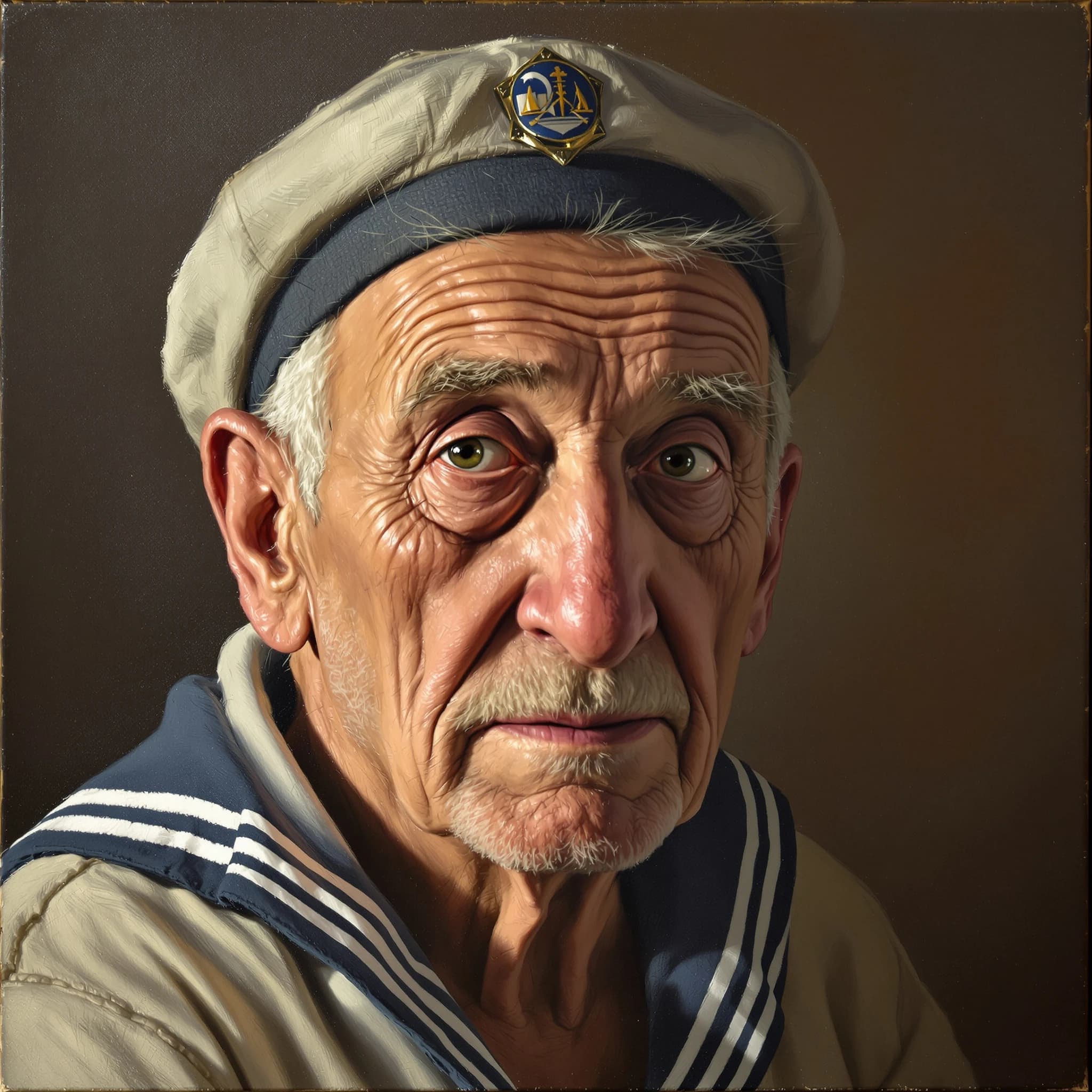 Oil on canvas portrait of an elderly sailor, weathered face, soft light.