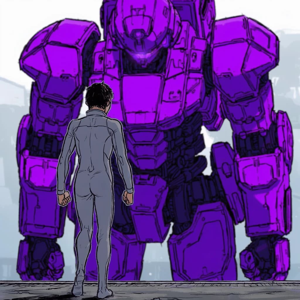 Clad in his body suit up to the neck, young Masa nervously approaches the towering mech with his back facing us. He is nervous for his first time in the field. The mech's bright purple colour scheme contrasts with the grey body suit. The scale of the mech dwarfs Masa. Hand drawn style