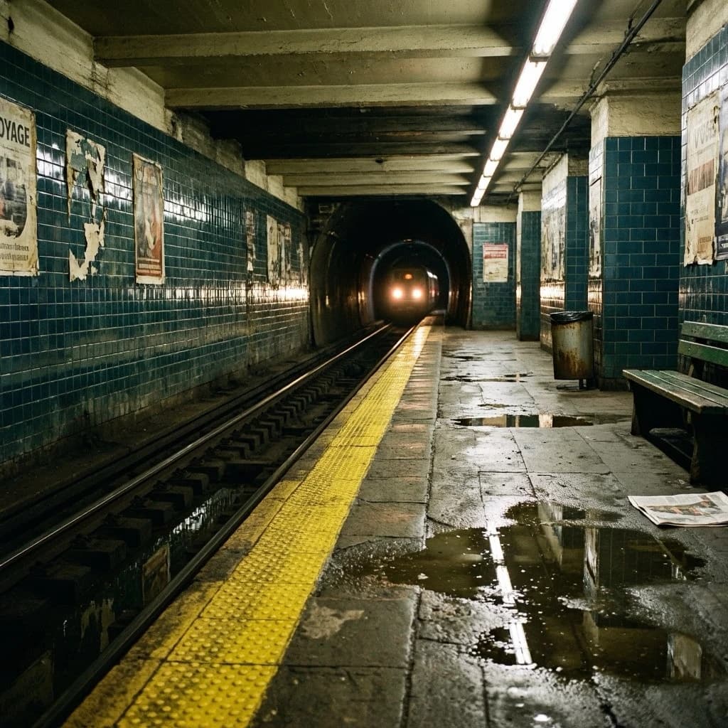 A subterranean subway platform with glossy tiles, peeling posters, flickering fluorescent lights, yellow safety line, and a distant train coming; slightly damp, echoes carry.