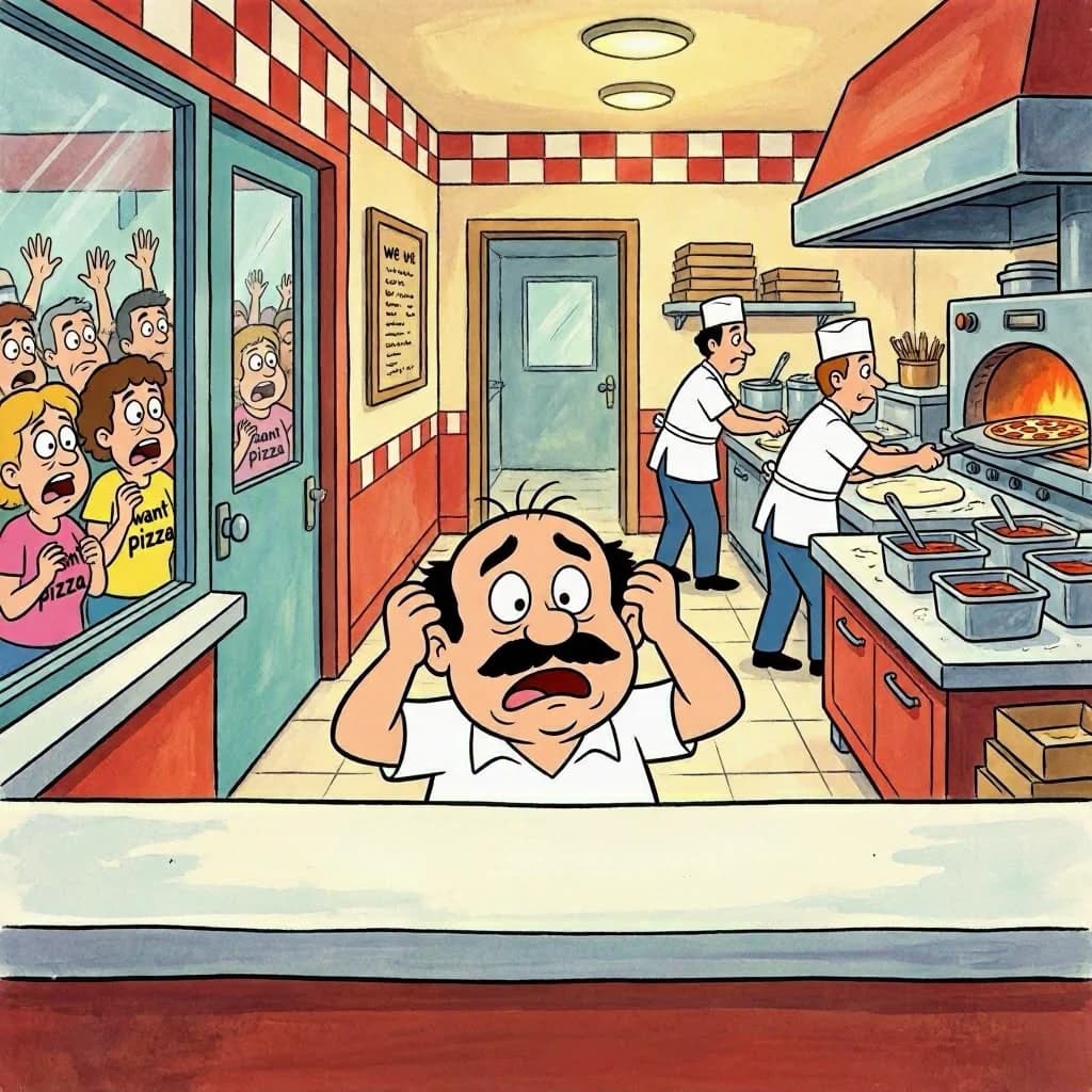 Pasquale is pulling his few remaining hairs out over a disaster at the pizzeria - the cooks are working as fast as they can but the crowds outside are swelling and they demand hot hot pizza! They are banging on the glass and some are wearing "we want pizza" shirts. 1980s western TV animation style.