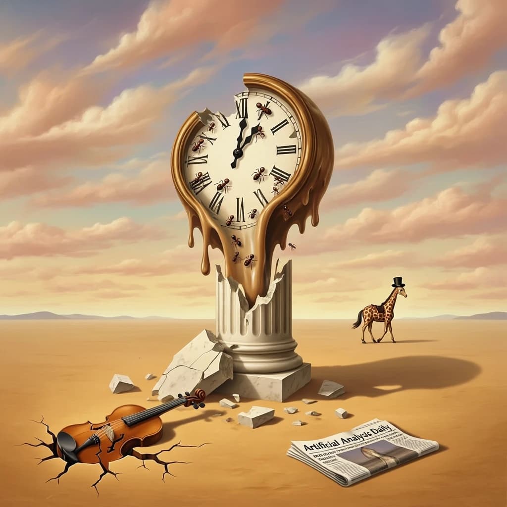 A vast desert plain stretches endlessly under a sky streaked with pale pink and ochre clouds. In the center stands a colossal clock, its face drooping and melting over the edge of a broken marble column. Ants swarm across its warped surface, glinting in the harsh sunlight. To the right, a horse with a giraffe like neck wearing a top hat strides toward the horizon, its shadow stretching miles across the sand. A cracked violin lies half-buried in the foreground, strings snapping outward like veins. Painted in the dreamlike surrealist style. A newspaper named the "Artificial Analysis Daily" lies on the Floor.