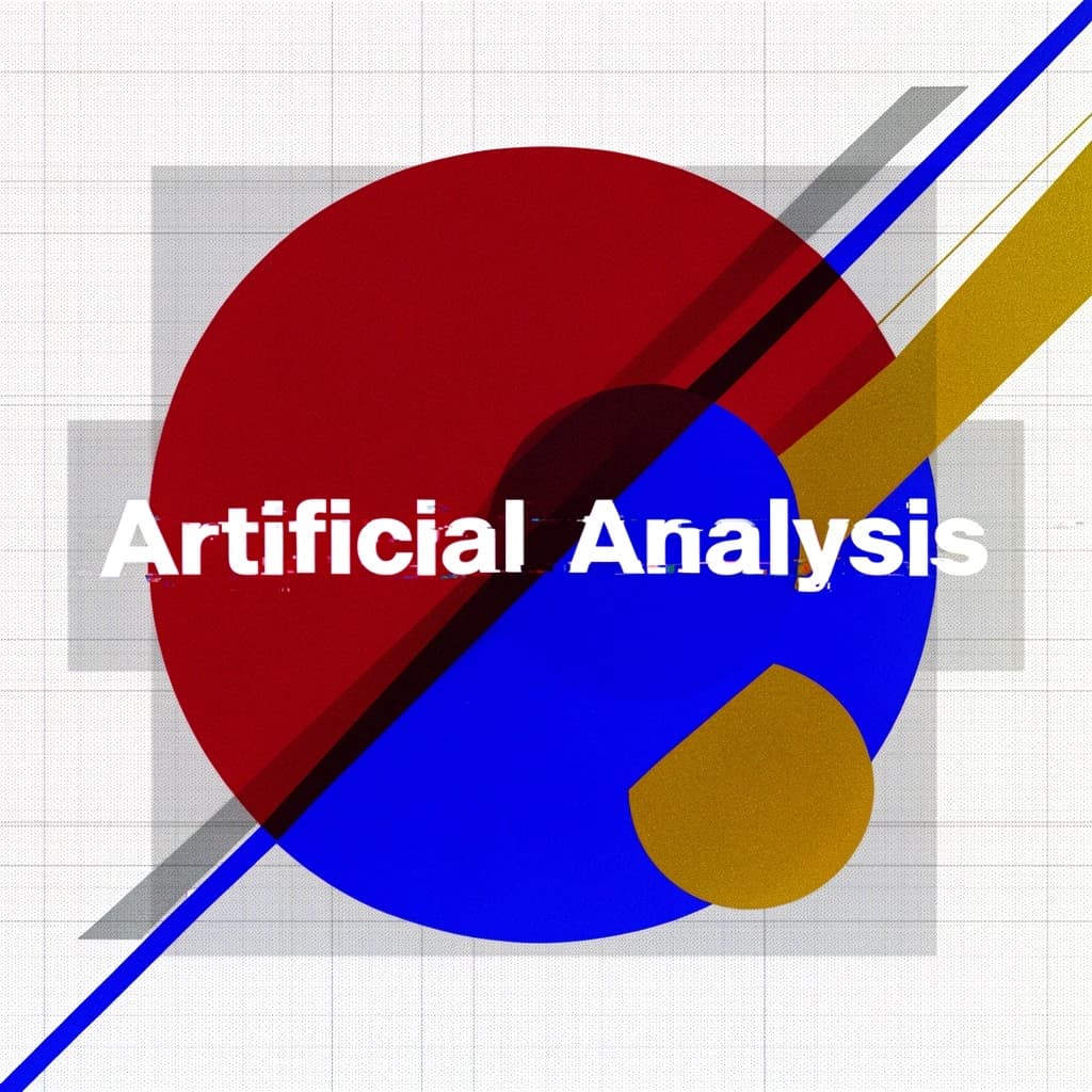 A bold poster composition dominated by flat geometric shapes in crimson, cobalt, and ochre. Overlapping circles and sharp diagonal lines create dynamic tension across the frame. A single sans-serif word — Artificial Analysis — stretches across the center in stark white, distorted slightly as though caught mid-glitch. The background is textured with halftone dots and faint grid lines, while subtle overlays of translucent rectangles suggest depth. Designed in the spirit of modernist Swiss typography fused with digital glitch aesthetics.