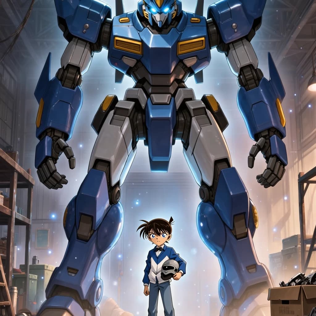 A teenage pilot grips his helmet under one arm, standing at the edge of a glowing hangar bay. Before him looms a sleek, steel-blue mech, its eyes lit with a cold electric glare. His school uniform is rumpled, a sharp contrast to the machine’s flawless plating. The vast scale engulfs him in shadow, emphasizing both awe and dread. Hand-drawn anime style.